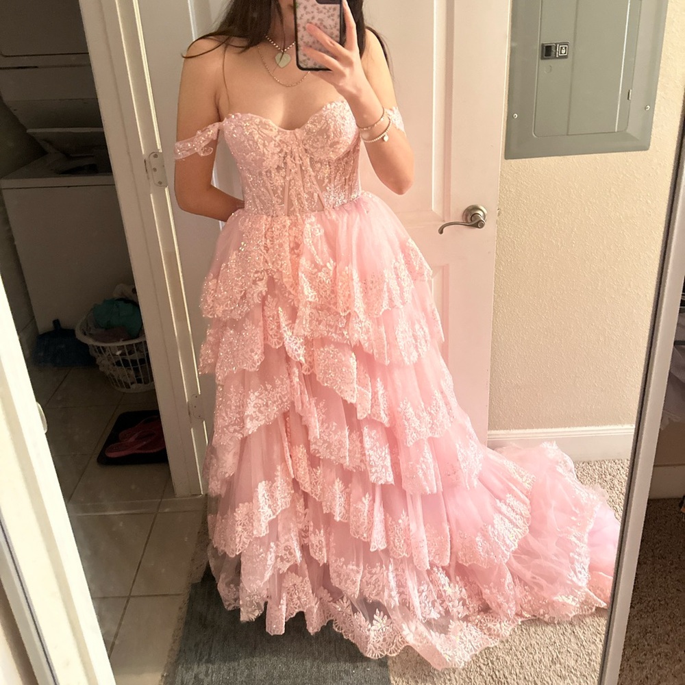 Pink off the shoulder layered corset princess prom dress